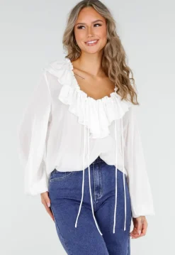 Witte Blouse met Ruches en Vetersluiting bij de Hals