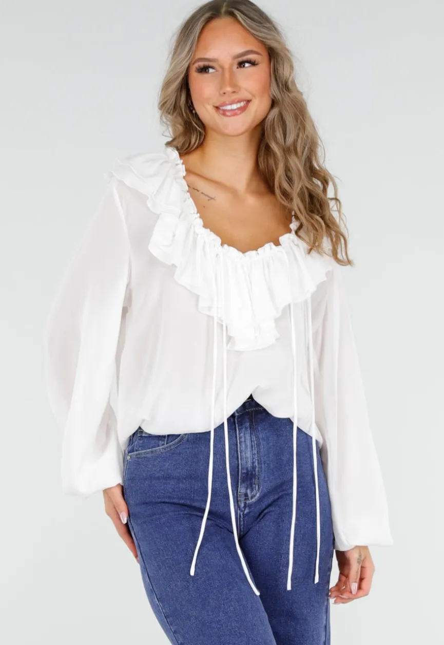 Witte Blouse met Ruches en Vetersluiting bij de Hals