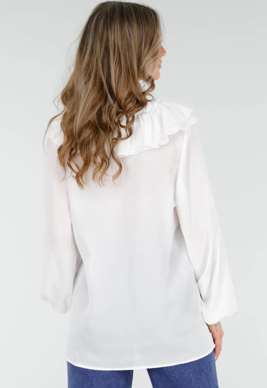 Witte Blouse met Ruches en Vetersluiting bij de Hals