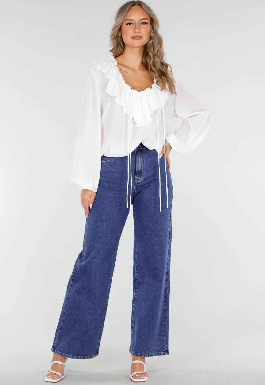 Witte Blouse met Ruches en Vetersluiting bij de Hals