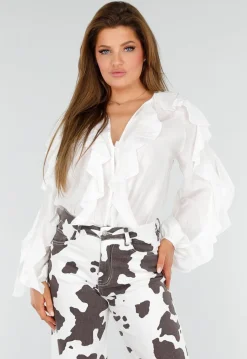 Witte Blouse met Volants en Losvallende Ballonmouwen