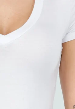 Witte Bodysuit met Korte Mouwen en Diepe V-Hals in Stretchstof