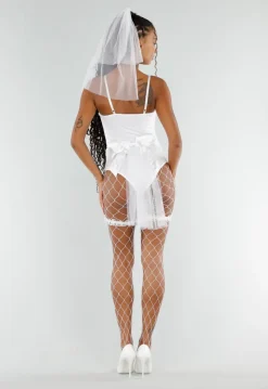 Witte Bruids Lingerie Set met Sluier en Netpanty met Jarretels