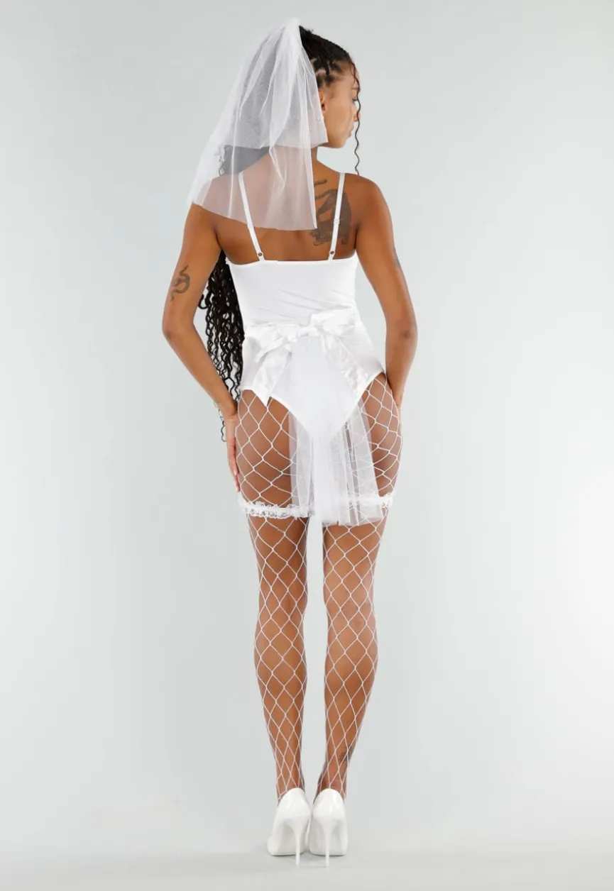 Witte Bruids Lingerie Set met Sluier en Netpanty met Jarretels
