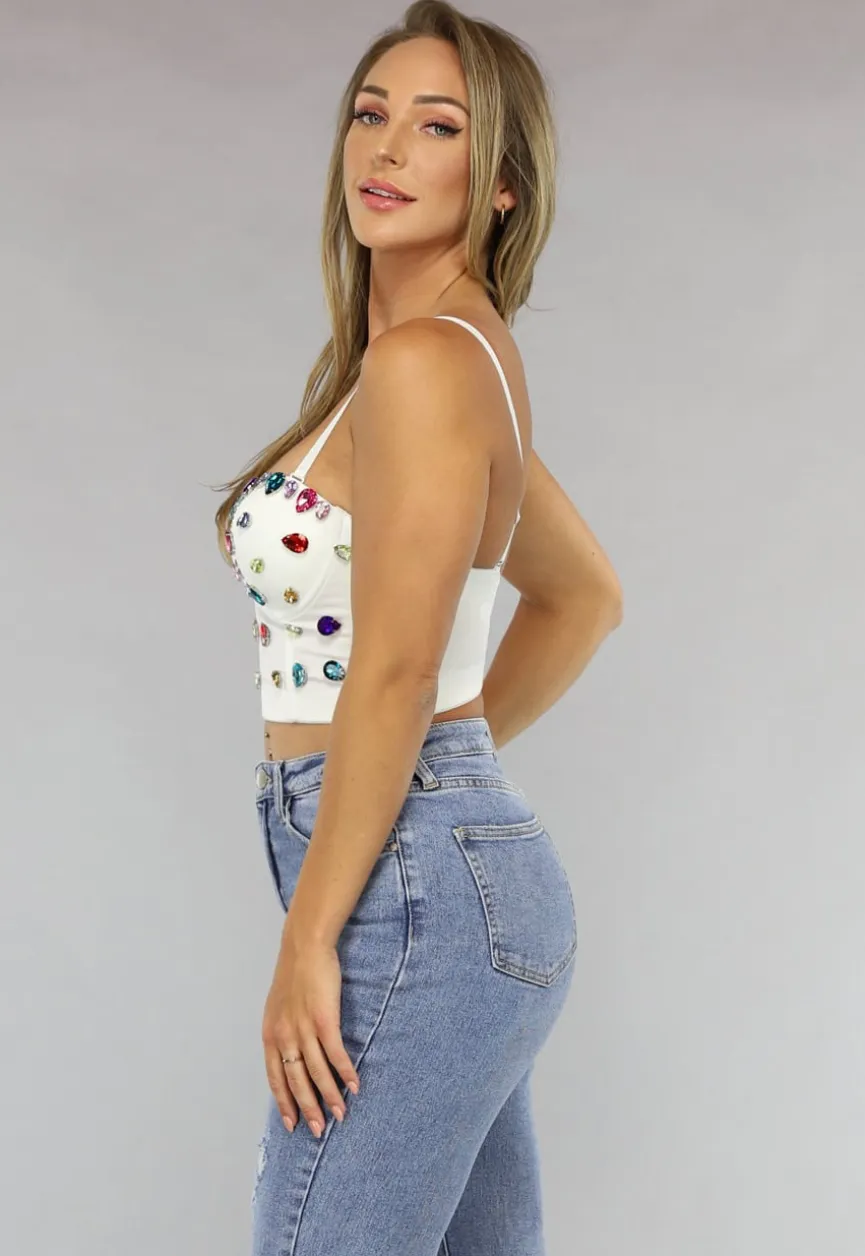 Witte Bustier met Grote Multicolor Strass