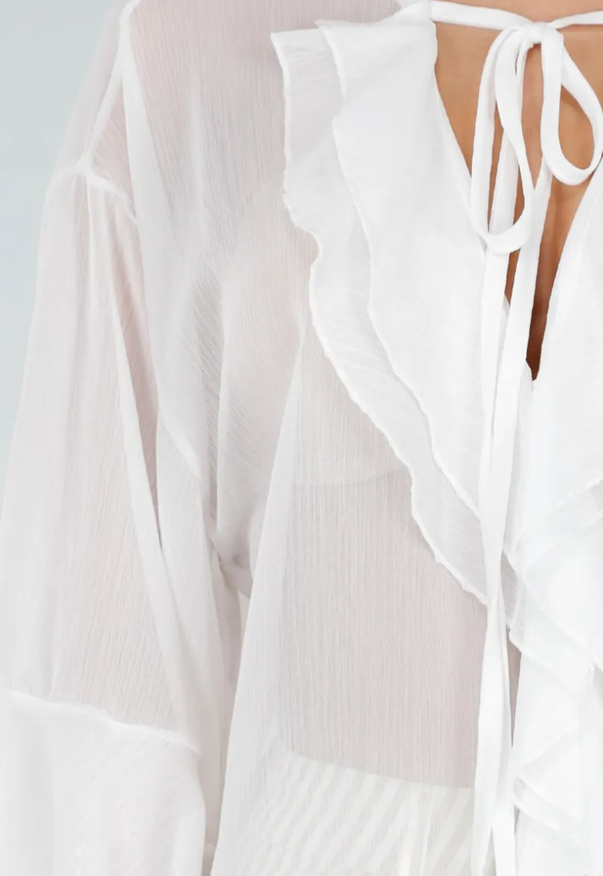 Witte Chiffon Blouse met Ruches en Knoopsluiting
