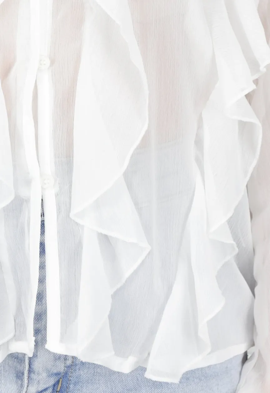 Witte Chiffon Blouse met Ruffles en Lange Mouwen