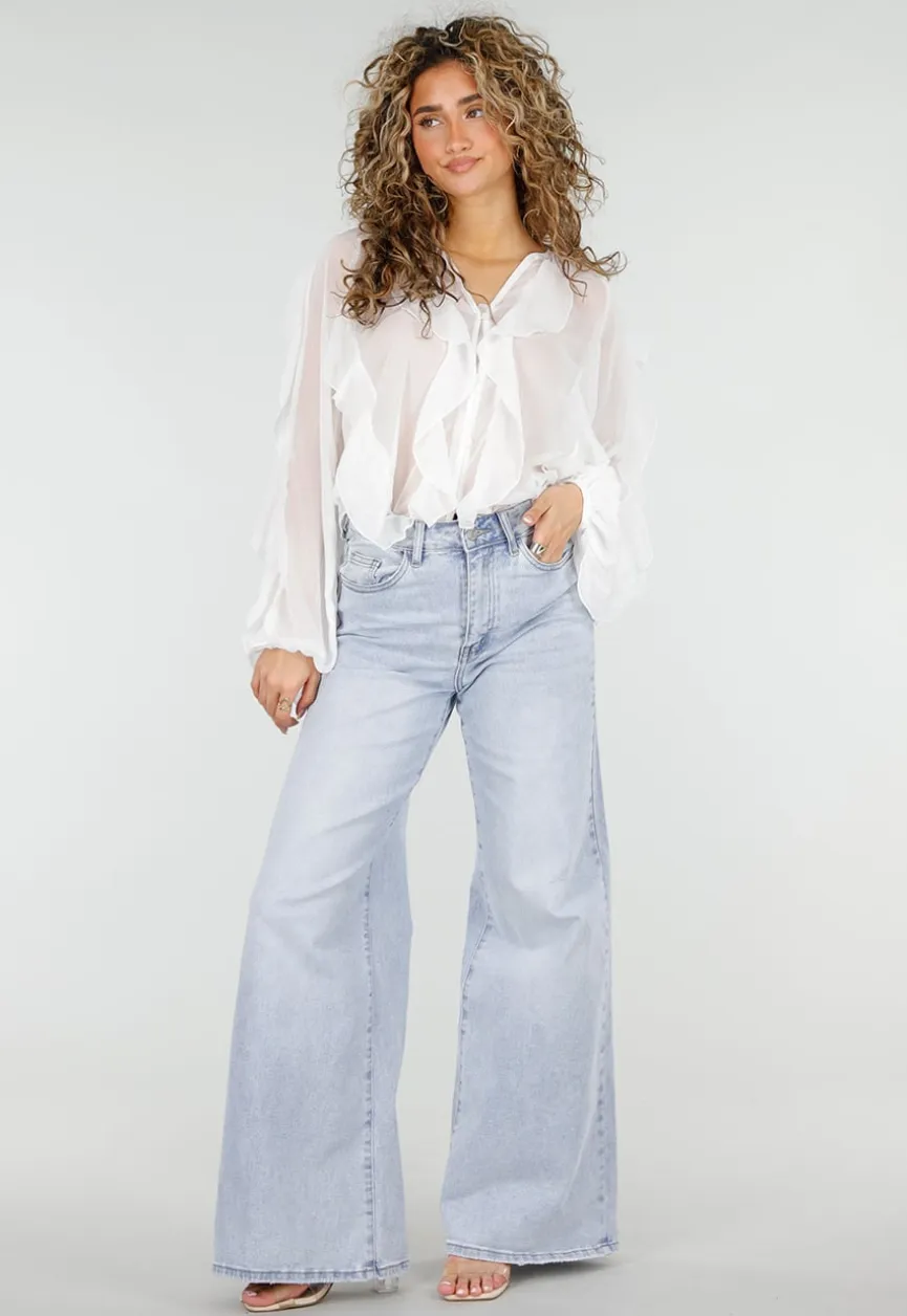 Witte Chiffon Blouse met Ruffles en Lange Mouwen