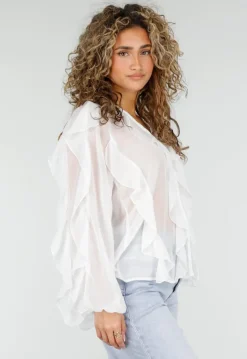 Witte Chiffon Blouse met Ruffles en Lange Mouwen