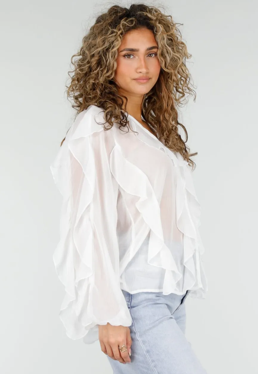 Witte Chiffon Blouse met Ruffles en Lange Mouwen