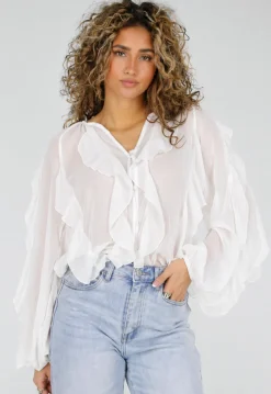 Witte Chiffon Blouse met Ruffles en Lange Mouwen