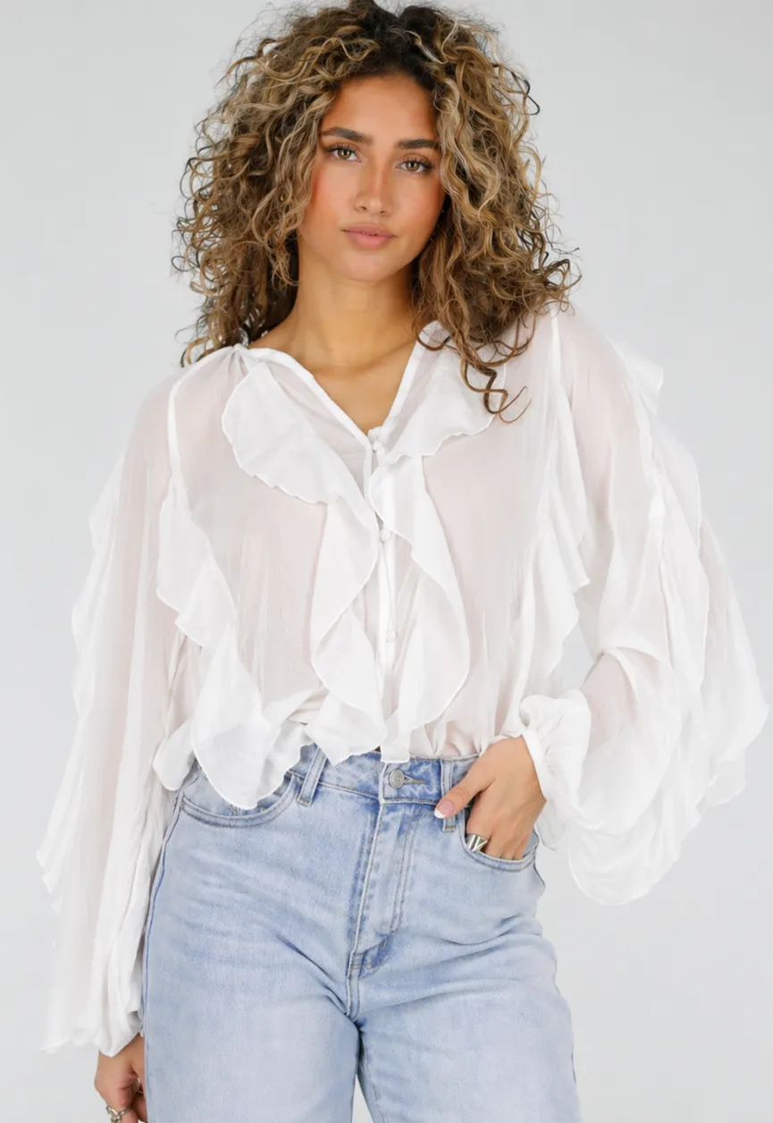 Witte Chiffon Blouse met Ruffles en Lange Mouwen