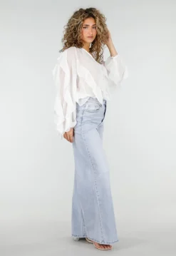 Witte Chiffon Blouse met Ruffles en Lange Mouwen