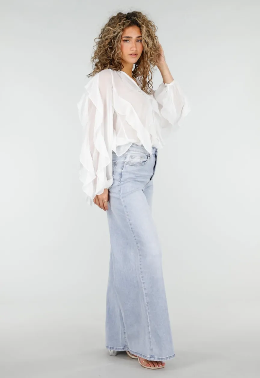 Witte Chiffon Blouse met Ruffles en Lange Mouwen