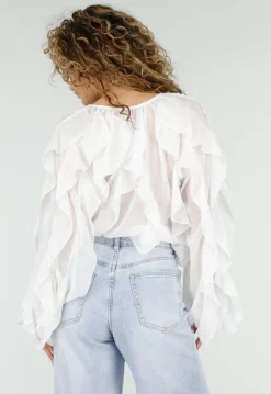 Witte Chiffon Blouse met Ruffles en Lange Mouwen