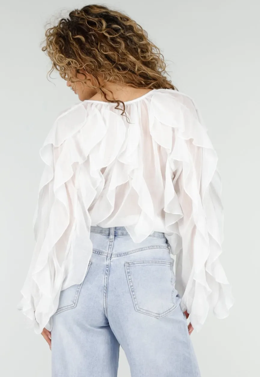 Witte Chiffon Blouse met Ruffles en Lange Mouwen