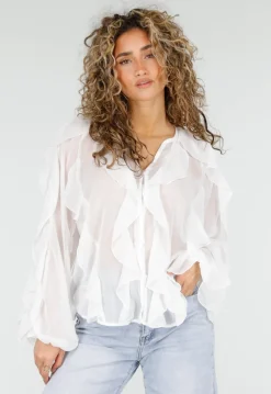 Witte Chiffon Blouse met Ruffles en Lange Mouwen