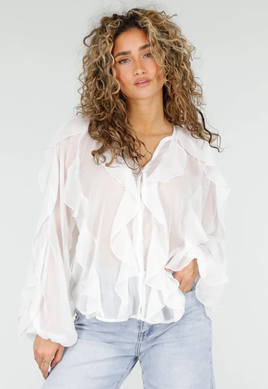 Witte Chiffon Blouse met Ruffles en Lange Mouwen