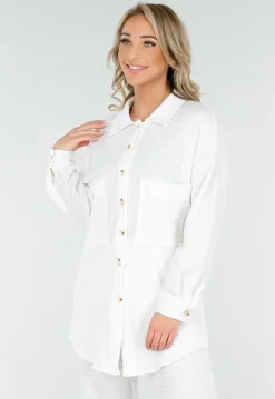 Witte Crinkle Stretch Set met Doorknoop Blouse en Rechte Broek met Elastische Tailleband