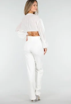 Witte Crop Blouse met V-Hals en Luchtige Mouwen