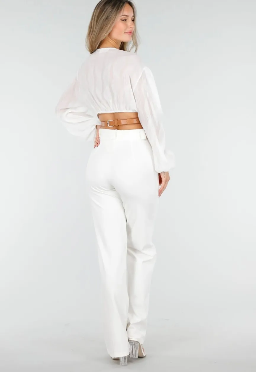 Witte Crop Blouse met V-Hals en Luchtige Mouwen