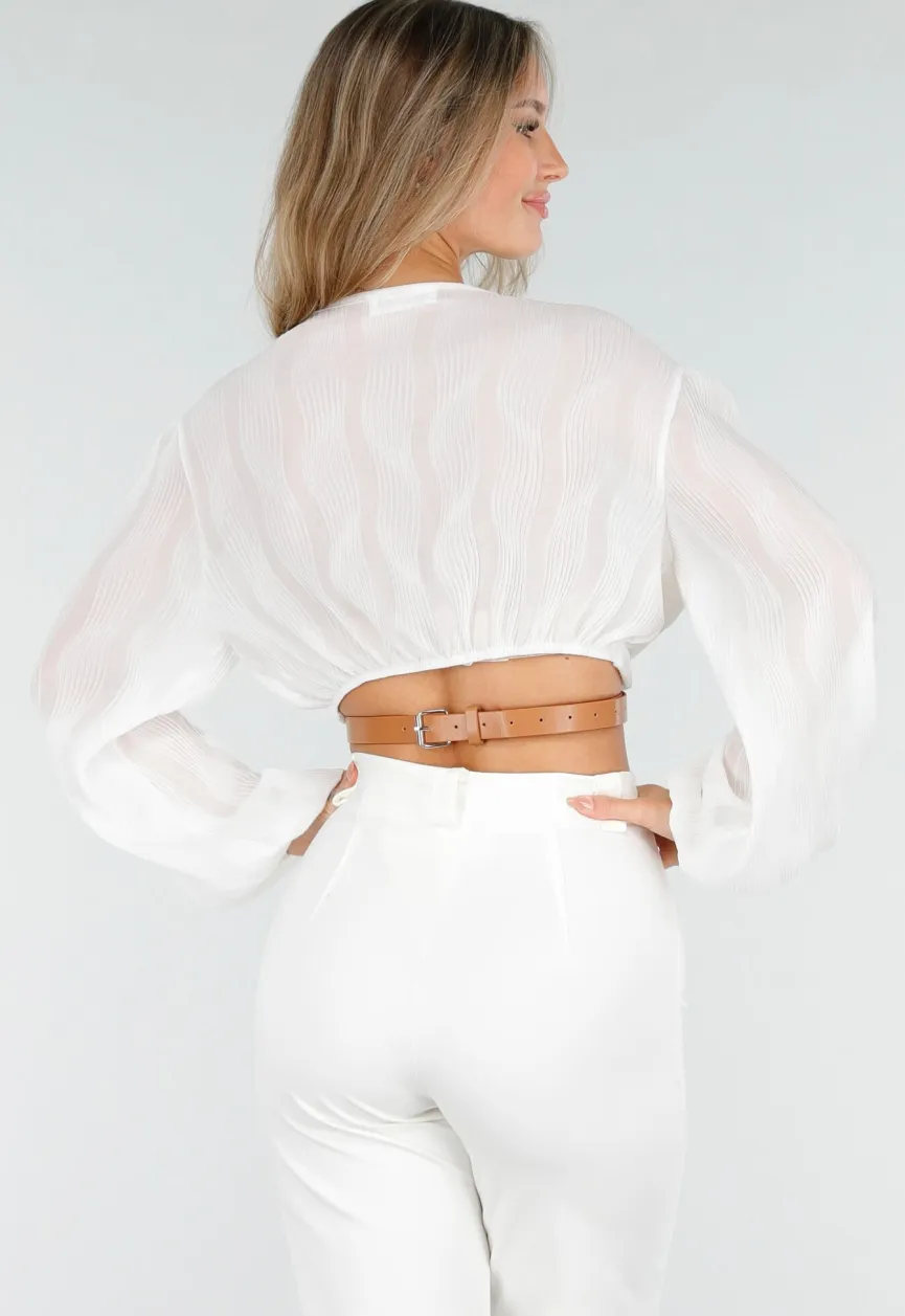 Witte Crop Blouse met V-Hals en Luchtige Mouwen