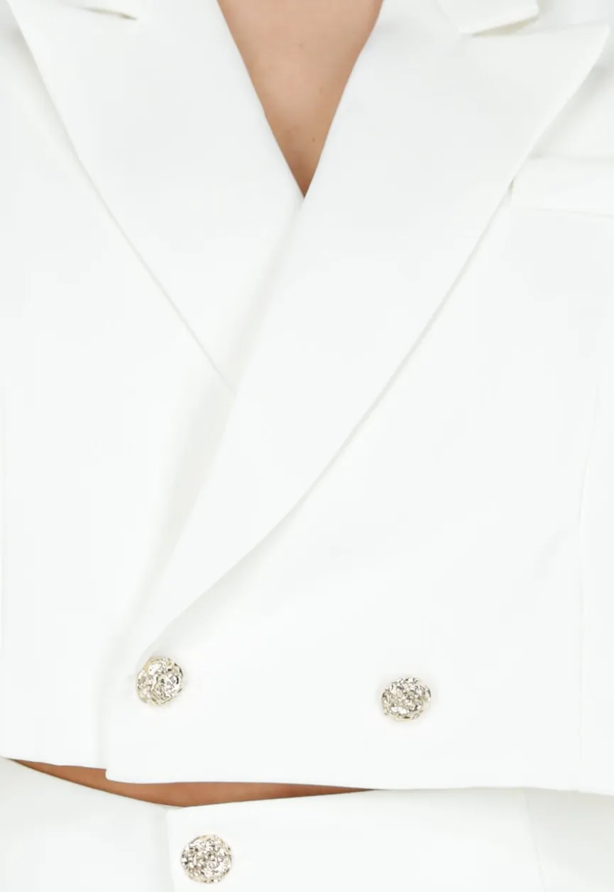 Witte Cropped Blazer met Lange Mouwen en Goudkleurige Knopen