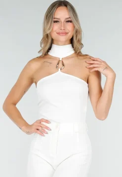 Witte Cropped Haltertop met Gouden Ringdetail
