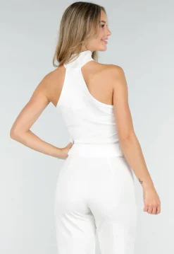 Witte Cropped Haltertop met Gouden Ringdetail