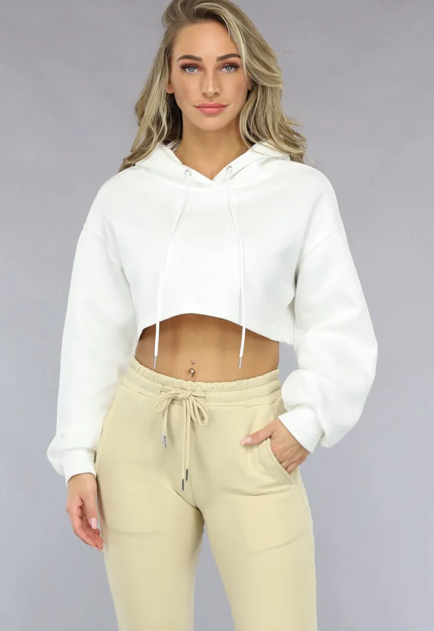 Witte Cropped Hoodie met Pofmouwen
