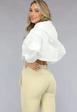 Witte Cropped Hoodie met Pofmouwen