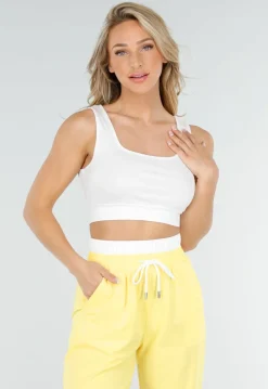 Witte Crop Top en Butter Yellow Wijde Broek Set met Elastische Taille