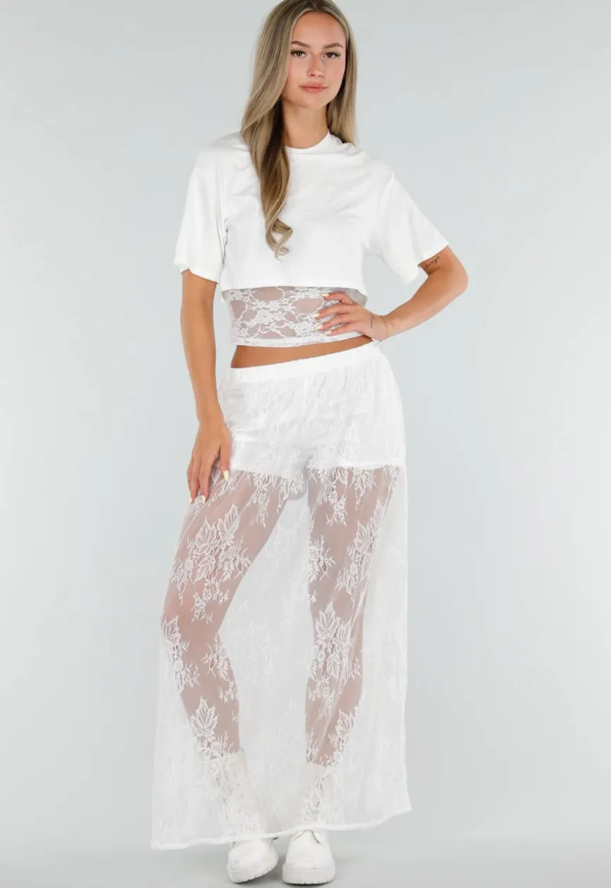 Witte Crop Top met Korte Mouwen en Vaste Kanten Rand