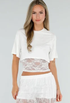Witte Crop Top met Korte Mouwen en Vaste Kanten Rand