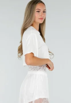 Witte Crop Top met Korte Mouwen en Vaste Kanten Rand