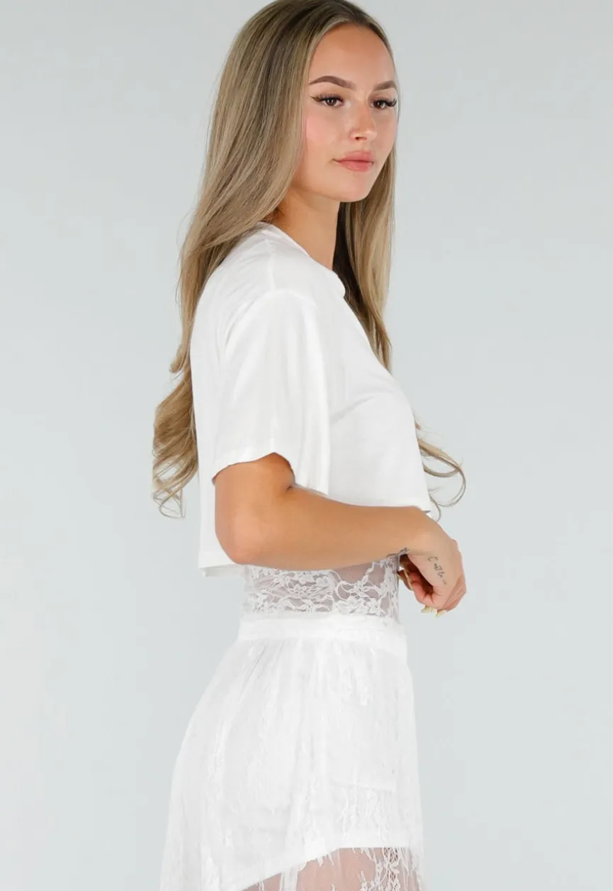 Witte Crop Top met Korte Mouwen en Vaste Kanten Rand