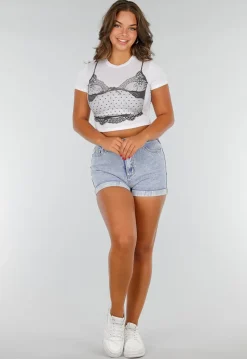 Witte Croptop met Zwarte Korsetprint en Kantdetails