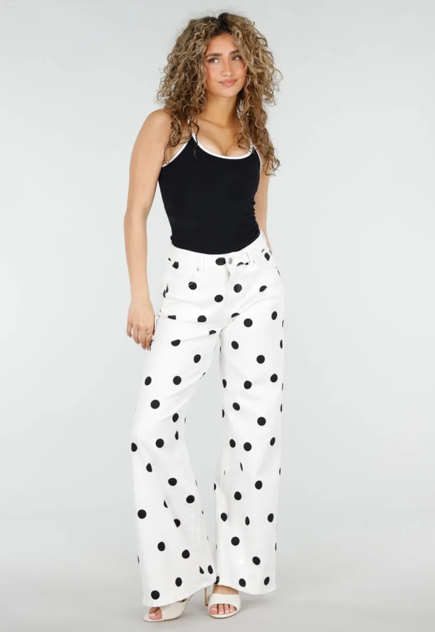 Witte Denim Wide Leg Jeans met Zwarte Stippen Print