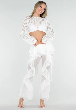 Witte Doorschijnende Broek met Stretch Ruffles en Voering