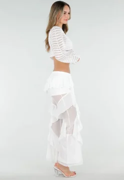 Witte Doorschijnende Broek met Stretch Ruffles en Voering