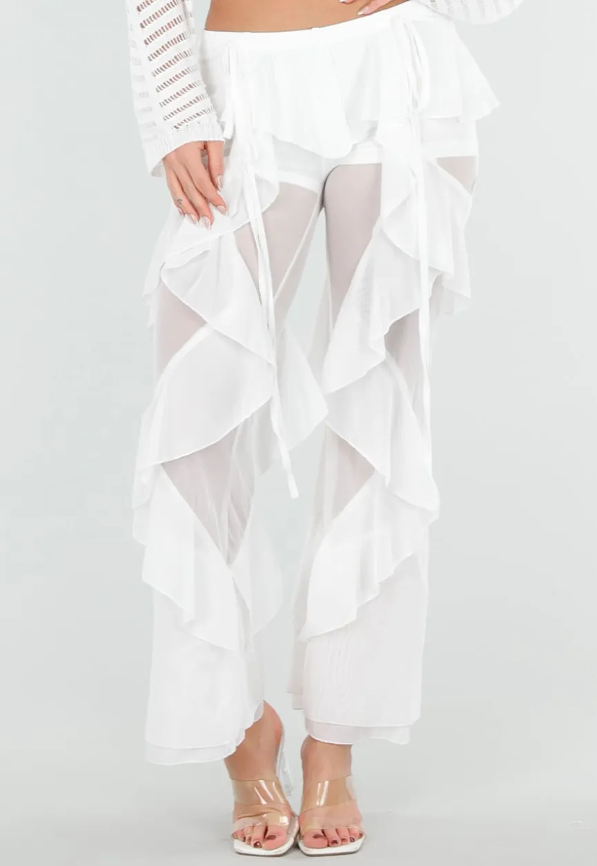 Witte Doorschijnende Broek met Stretch Ruffles en Voering