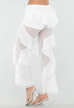 Witte Doorschijnende Broek met Stretch Ruffles en Voering