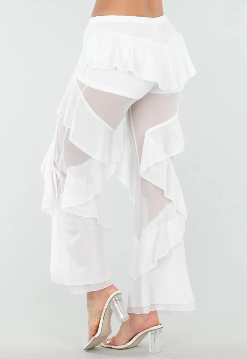 Witte Doorschijnende Broek met Stretch Ruffles en Voering
