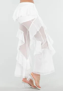 Witte Doorschijnende Broek met Stretch Ruffles en Voering