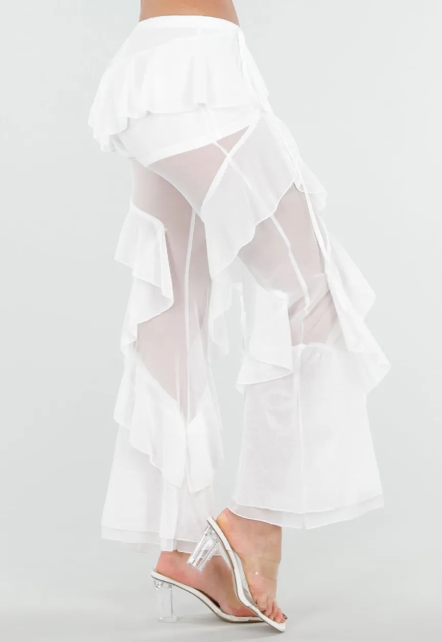 Witte Doorschijnende Broek met Stretch Ruffles en Voering