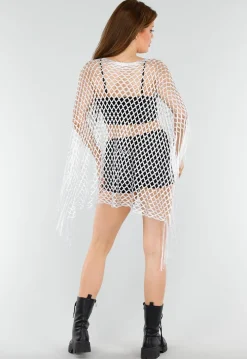 Witte Fishnet Cover-Up met Franjes en Puntige Zoom