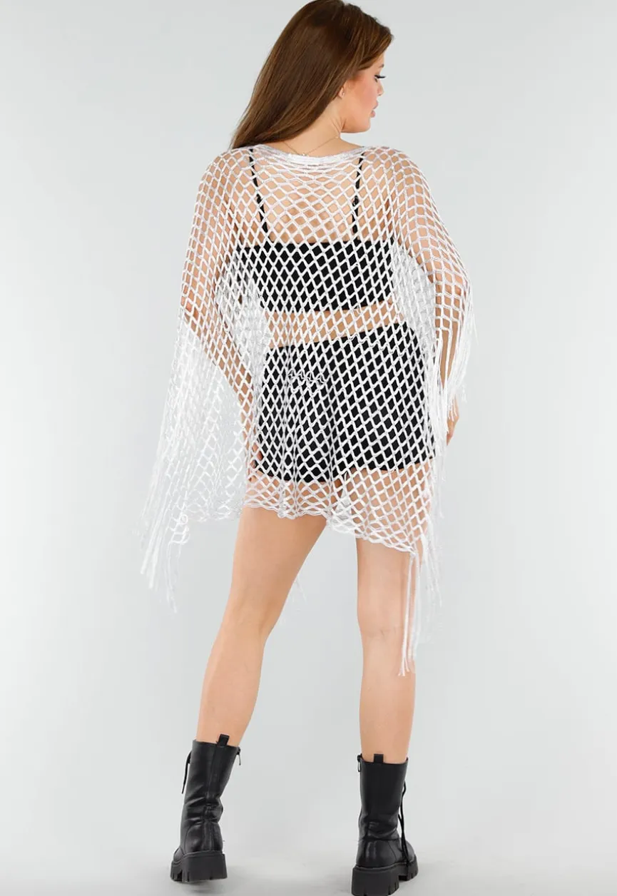 Witte Fishnet Cover-Up met Franjes en Puntige Zoom