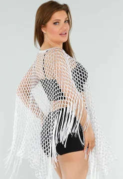 Witte Fishnet Cover-Up met Franjes en Puntige Zoom