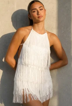 Witte Fringe Halter Playsuit met Open Rug