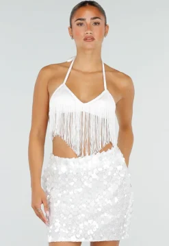 Witte Fringe Halter Top met Verstelbare Rugsluiting